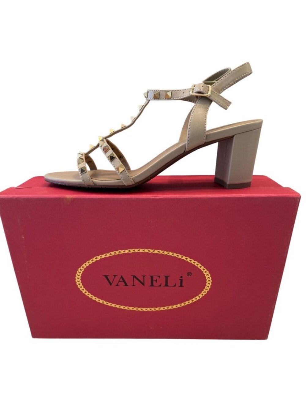 Vaneli Midge Nappa Size 8.5 N Studded Slingback Sandal Taupe Gold 2.25" Heal Blo
